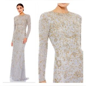 Mac Duggal Silver Long-Sleeve Beaded Evening Gown with Gold Embellishment